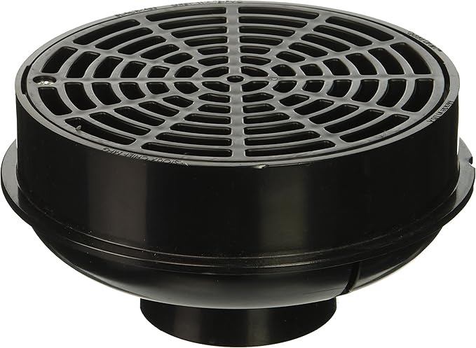 Black PVC drain strainer with quad poly grid pattern and circular outlet base, viewed from above.