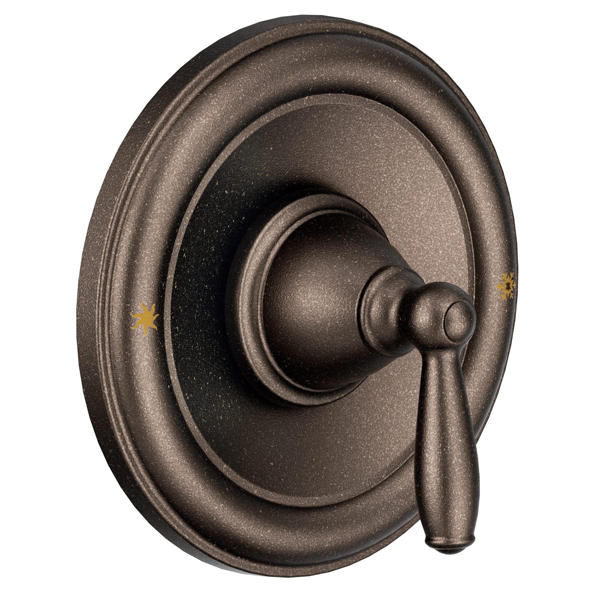 Oil rubbed bronze tub and shower trim with round escutcheon plate and lever handle.