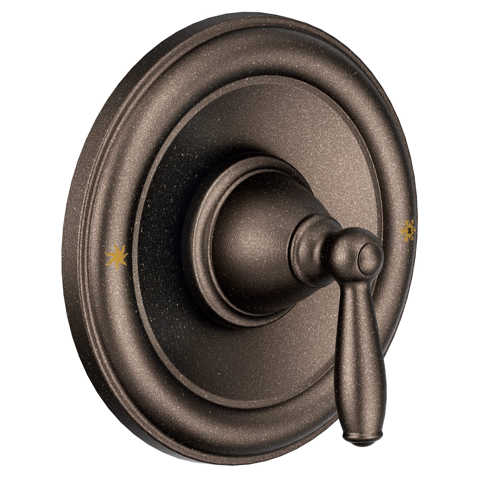 Oil rubbed bronze tub and shower trim with round escutcheon plate and lever handle.