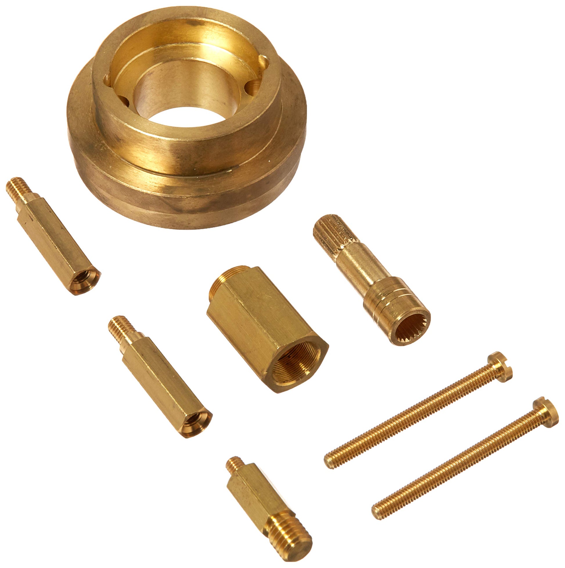 Brass valve extension kit with hollow ring housing and threaded connector pins and screws.