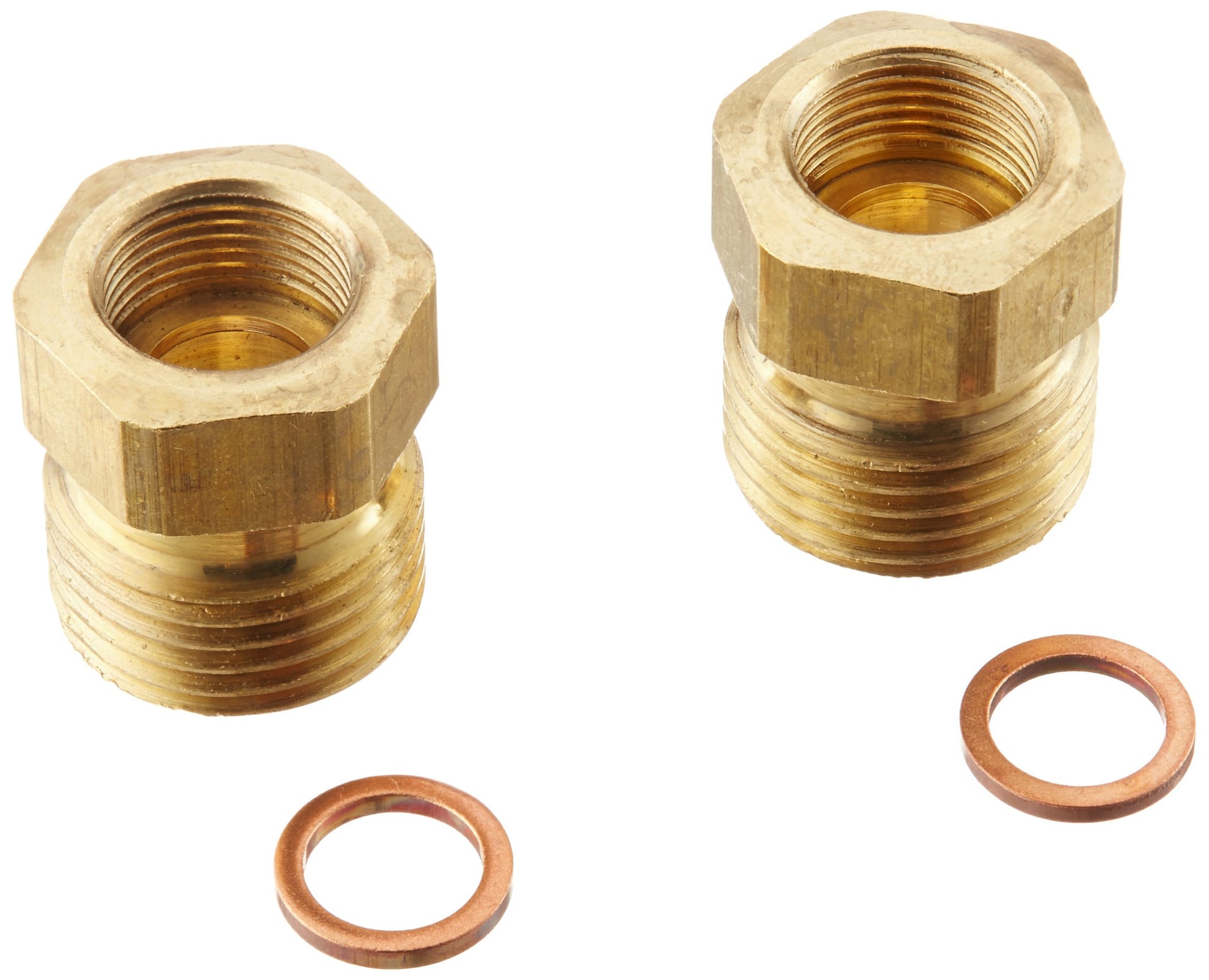 Two brass adapters with threaded connections and two copper gasket rings.