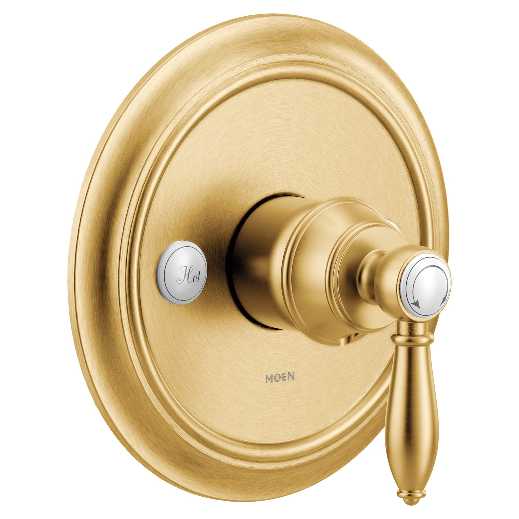 Brushed gold valve trim with circular escutcheon plate, single lever handle, and chrome accent buttons.