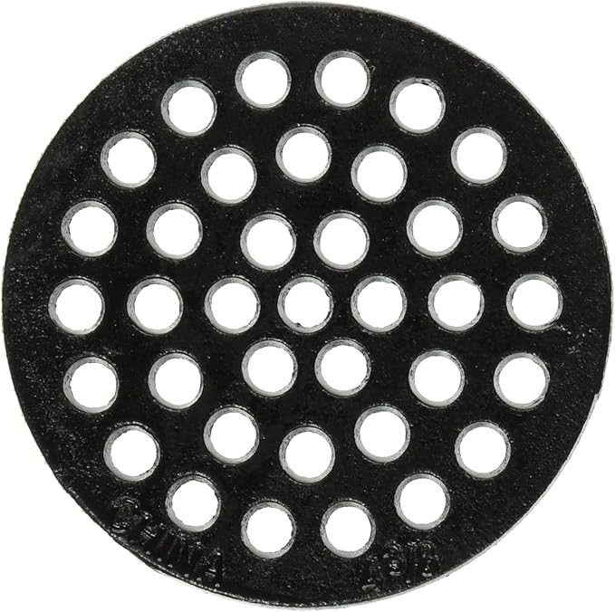 Black circular pipe hanger with 32 evenly spaced holes throughout the plate.