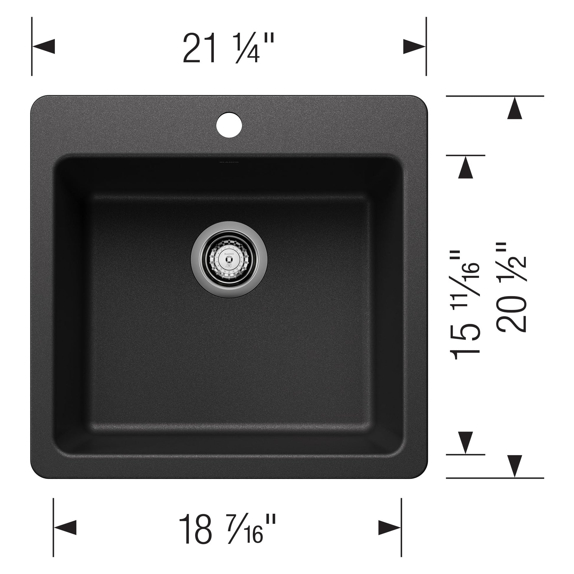 Anthracite single-bowl kitchen sink with rounded corners, chrome drain, and mounting dimensions labeled.