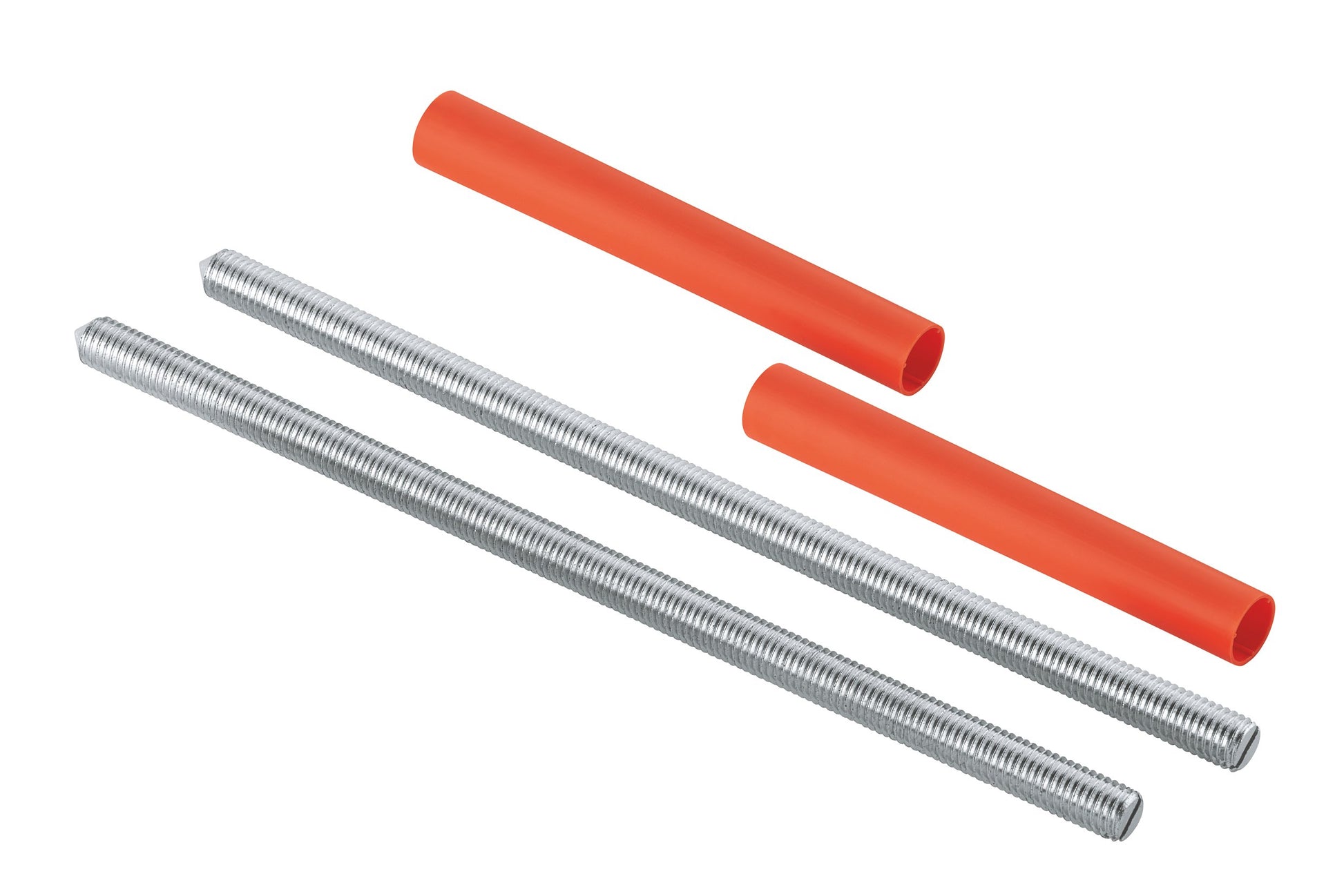Two chrome threaded screws with red plastic anchors or sleeves.