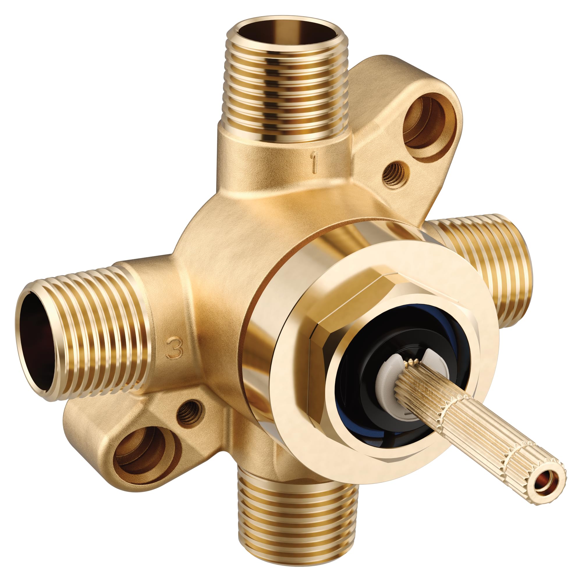 Brass transfer valve with threaded IPS connections, rotatable diverter cartridge, and multiple inlet/outlet ports.