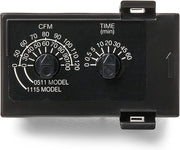 Black rectangular control module with two dials: left dial labeled CFM (10-120), right dial labeled TIME in minutes (5-60).