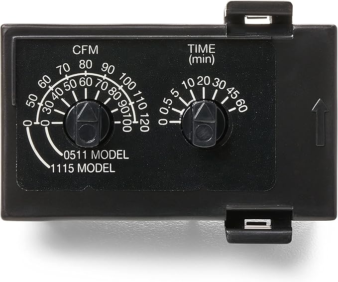 Black rectangular control module with two dials: left dial labeled CFM (10-120), right dial labeled TIME in minutes (5-60).