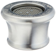 Stainless steel kitchen faucet aerator with circular mesh screen and embossed Delta branding on the rim.