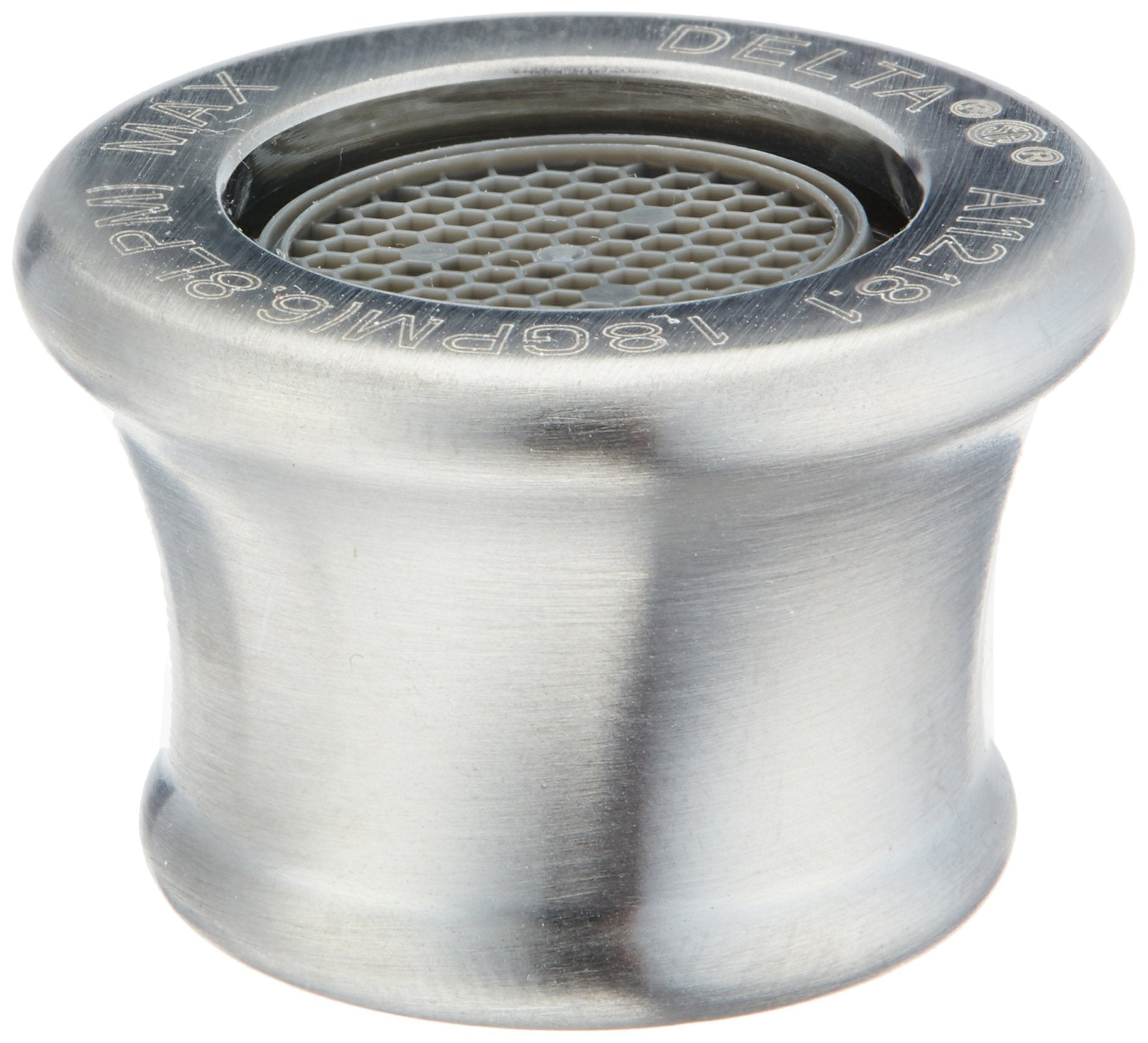 Stainless steel kitchen faucet aerator with circular mesh screen and embossed Delta branding on the rim.