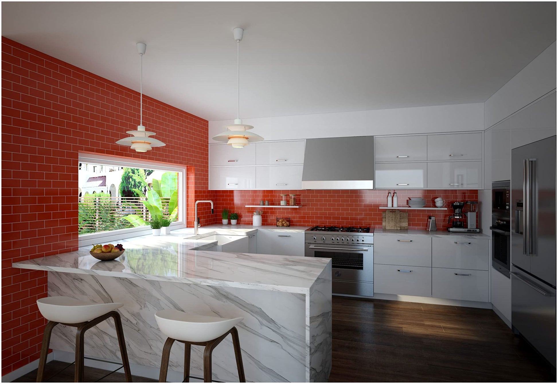 Polished chrome pull-down kitchen faucet with U-shaped spout installed at marble countertop in modern kitchen.