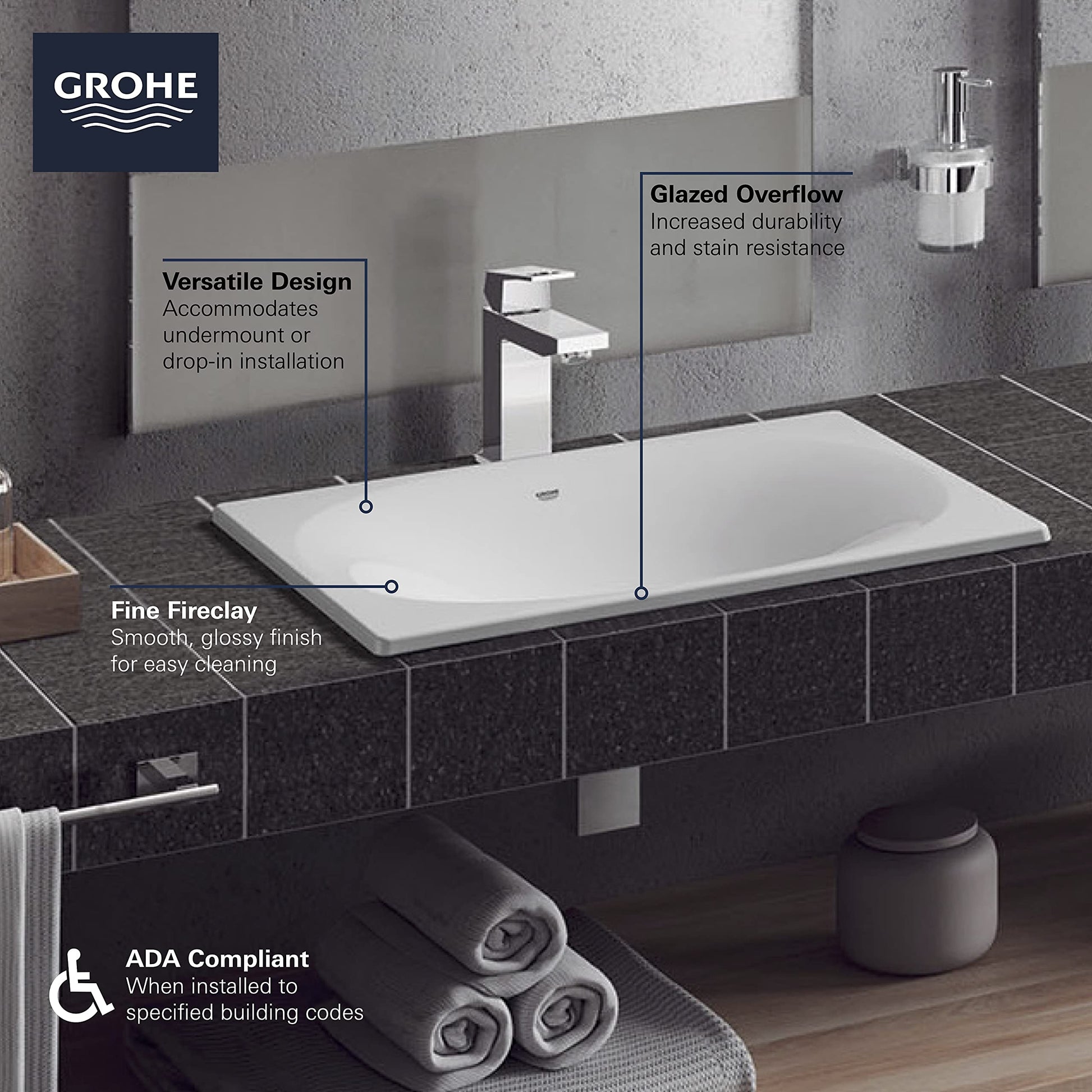 White rectangular undermount bathroom sink with glossy finish and overflow hole, installed in dark countertop.
