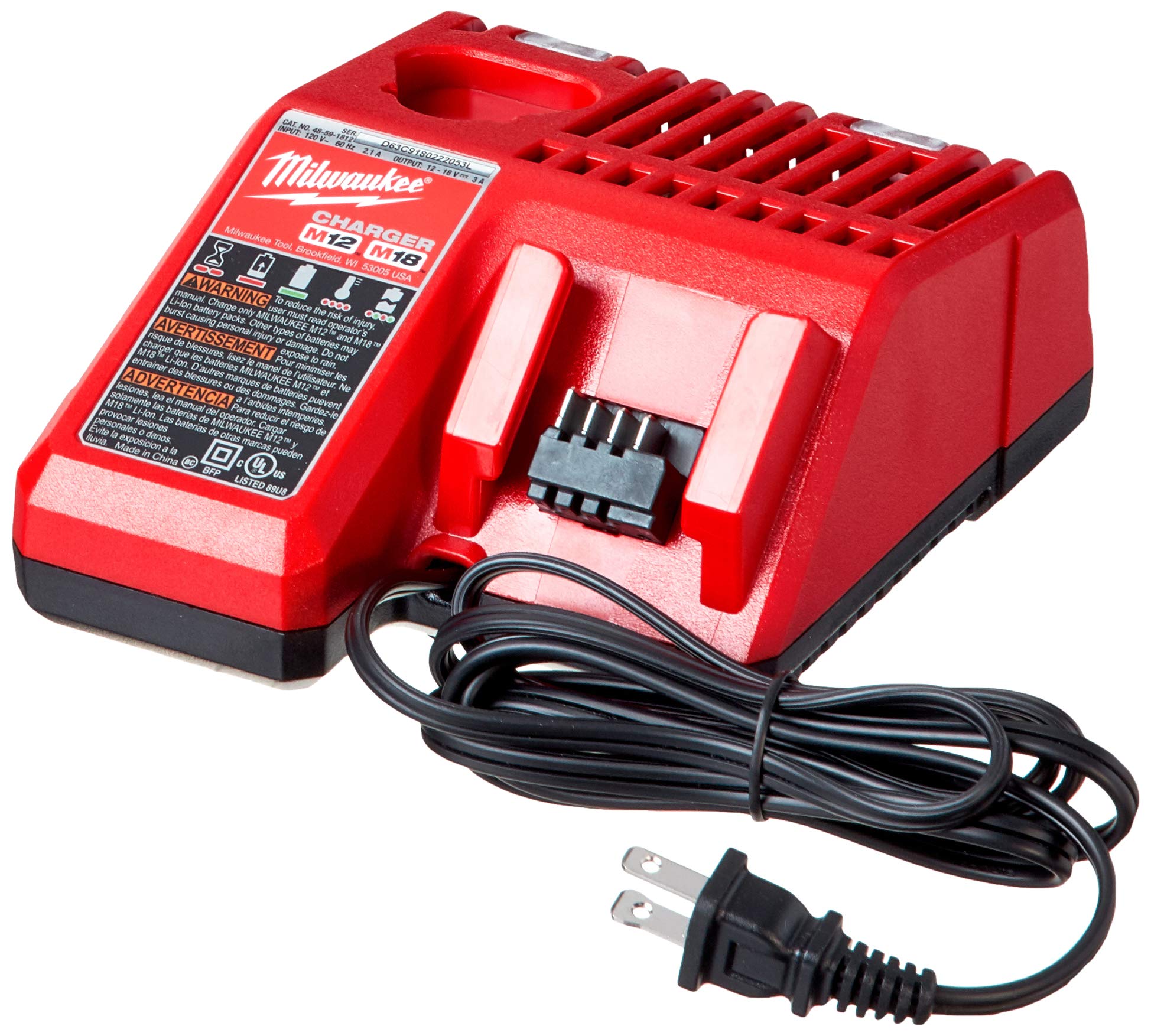 Milwaukee M18 red dual-port battery charger with black power cord and plug.
