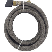 Braided gray hose with brass connector and black square end cap, coiled display.