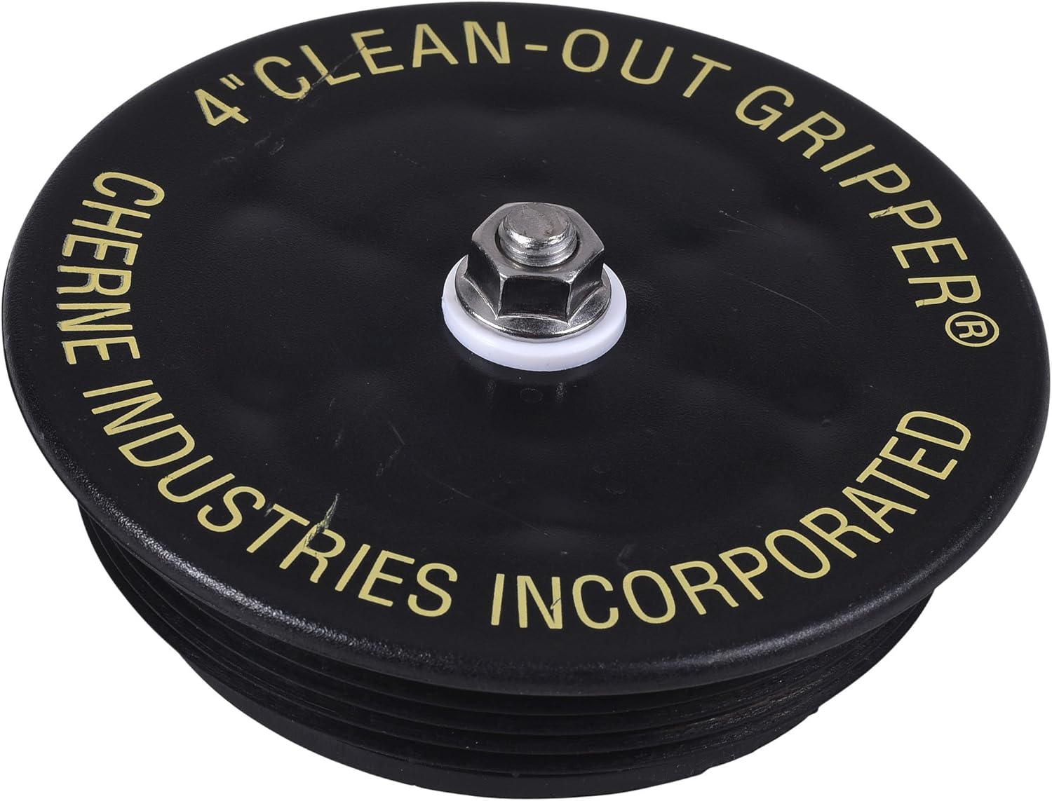 Black 4-inch mechanical clean out gripper plug with chrome center bolt and white rubber seal.