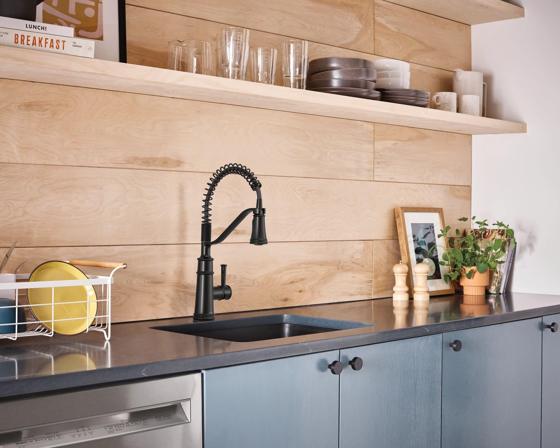 Matte black single-handle kitchen faucet with coiled spring spout mounted above sink in modern kitchen.