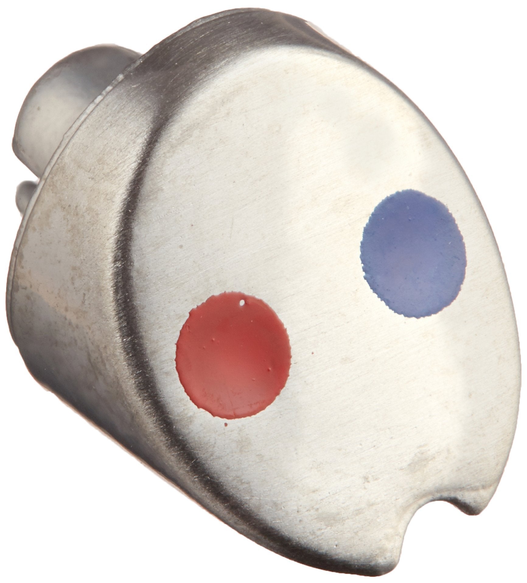 Brushed metal button with red and blue circular indicators on face and cylindrical stem on back.