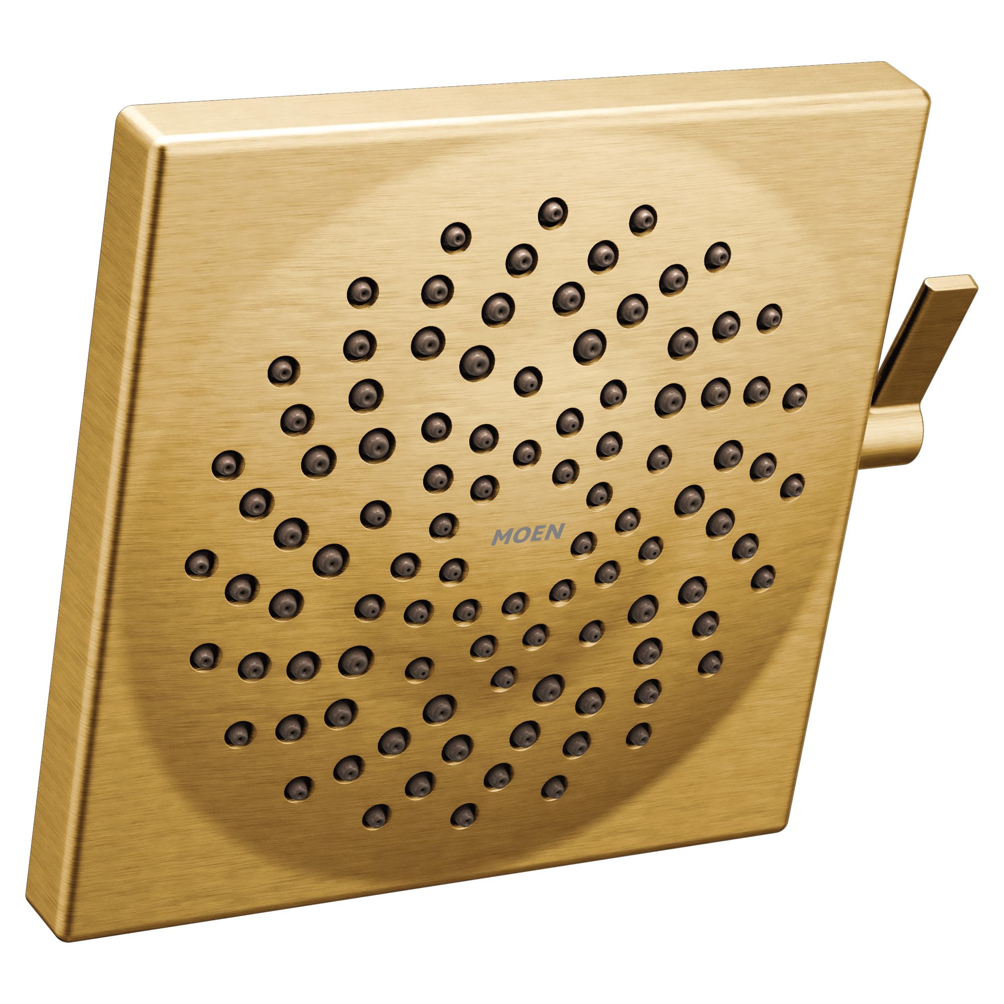 Square brushed gold showerhead with multiple spray jets and rectangular mounting bracket.