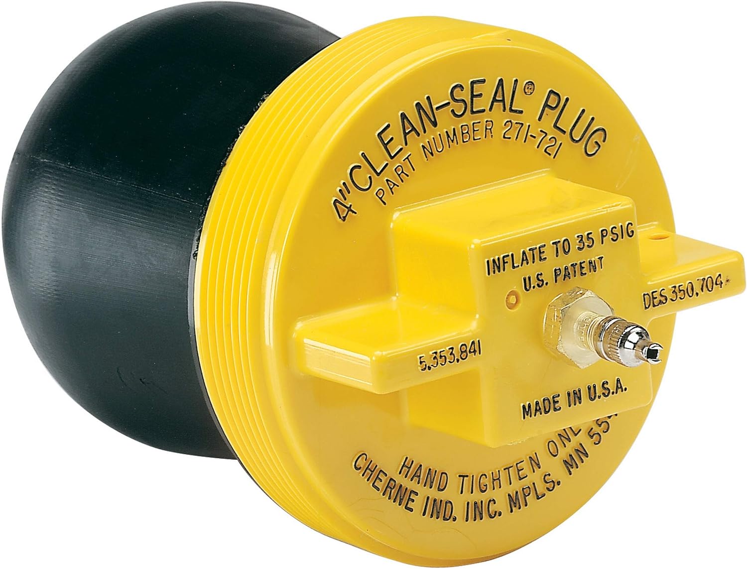 Yellow and black pneumatic plug with inflation valve and hand-tighten connection, 4 inch size.