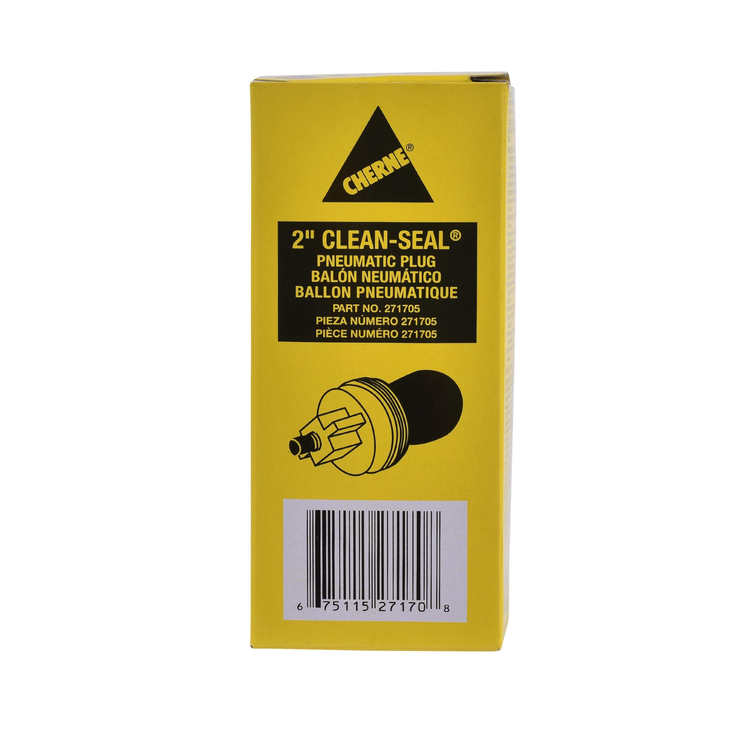 Yellow Cherne Clean-Seal pneumatic test plug package with black 2-inch plug illustration and barcode.