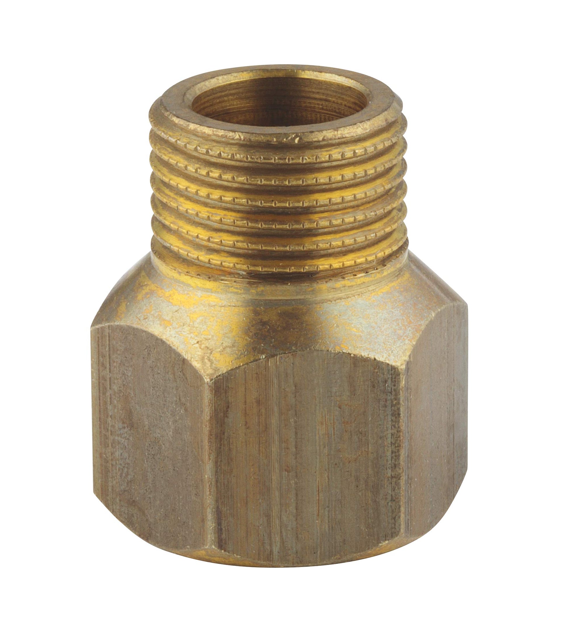 Brass threaded connector with 1/2" male threads and hexagonal base for plumbing applications.