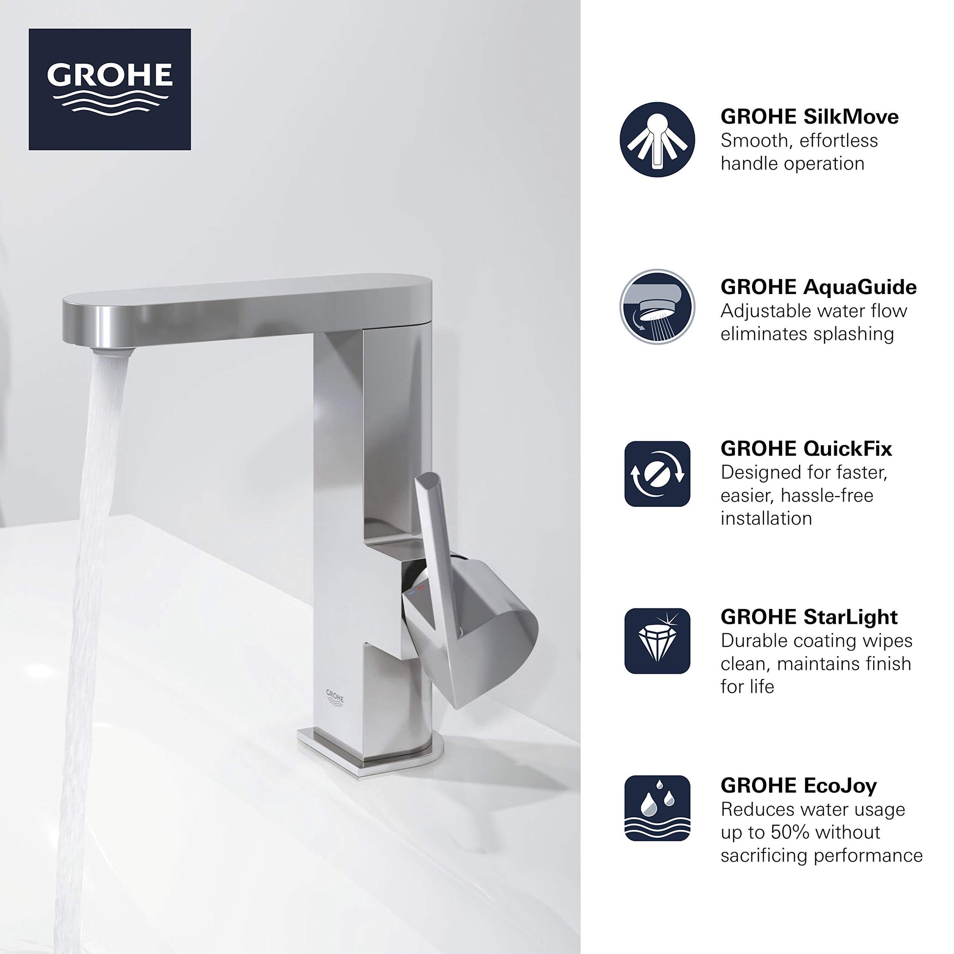 Grohe brushed nickel single-handle bathroom faucet with rectangular spout and water stream visible.