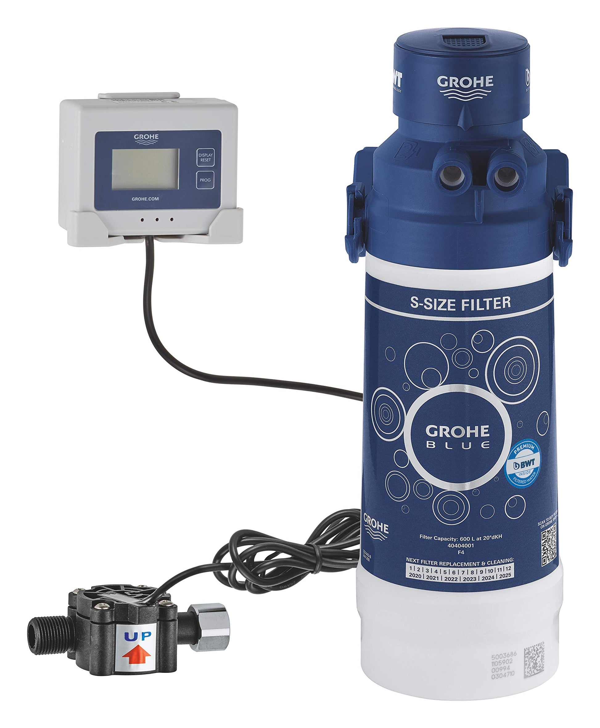 Grohe Blue S-size filter cartridge in dark blue with white base, accompanied by control unit and connection valve.
