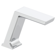 Chrome electronic lavatory faucet with arched spout and proximity sensor base for hands-free operation.