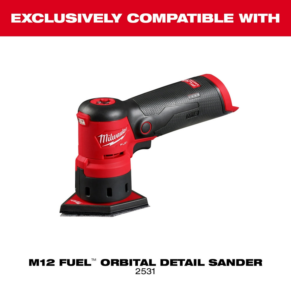 Milwaukee M12 FUEL orbital detail sander with red and black housing shown at angle with sanding pad visible.
