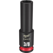 Black impact socket with red grip ring, 3/8" drive, 6-point hexagonal opening, Milwaukee branding.