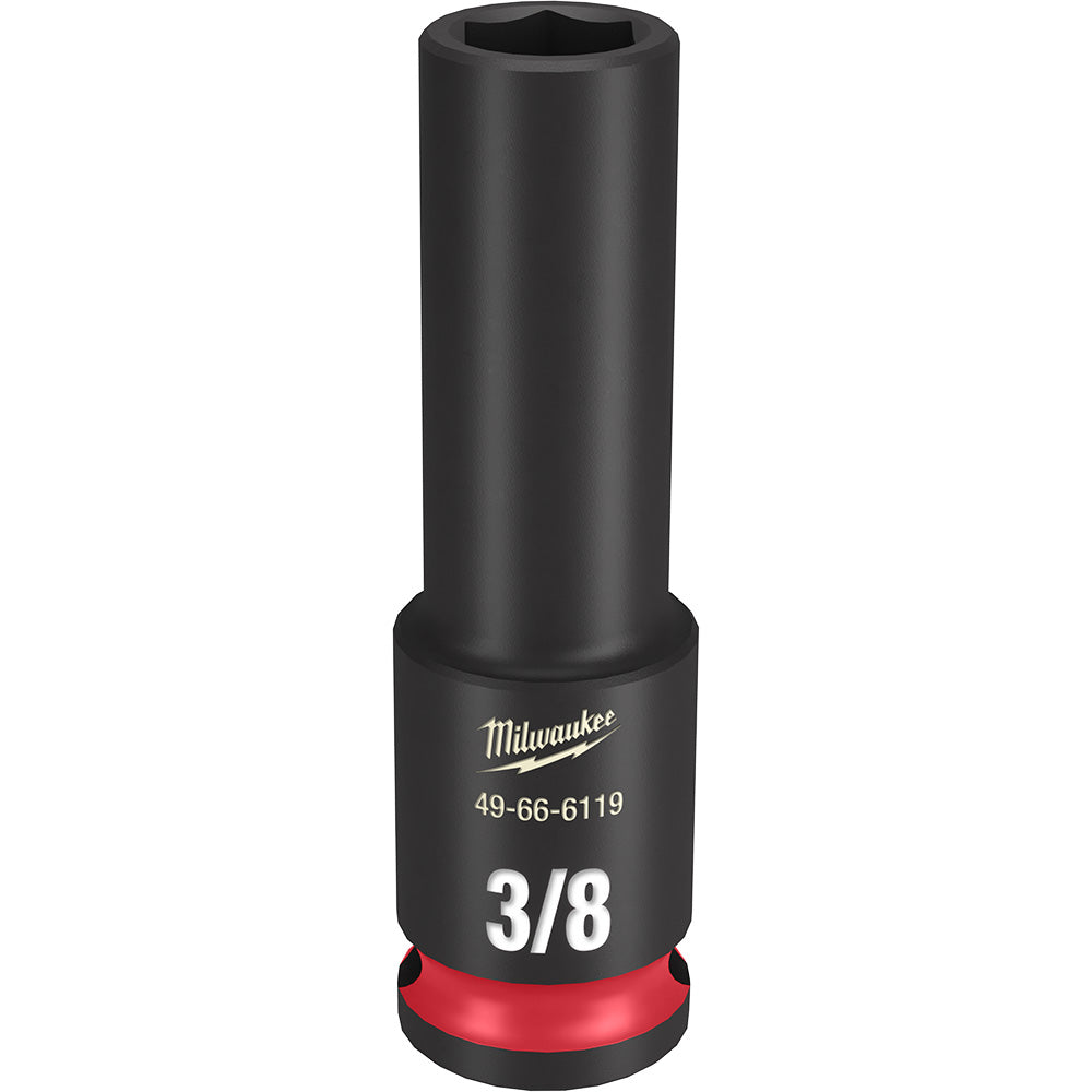 Black impact socket with red grip ring, 3/8" drive, 6-point hexagonal opening, Milwaukee branding.