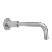 Matte black curved tub spout with cylindrical wall-mounted fitting and rounded discharge end.
