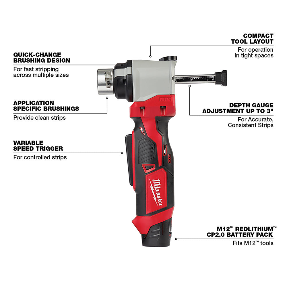 Milwaukee M12 cable stripper with red and black cordless tool body, quick-change brushing head, variable speed trigger, and d