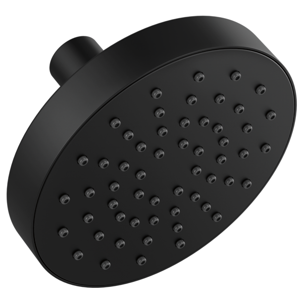 Black round wall-mount shower head with multiple spray nozzles and curved arm mount.