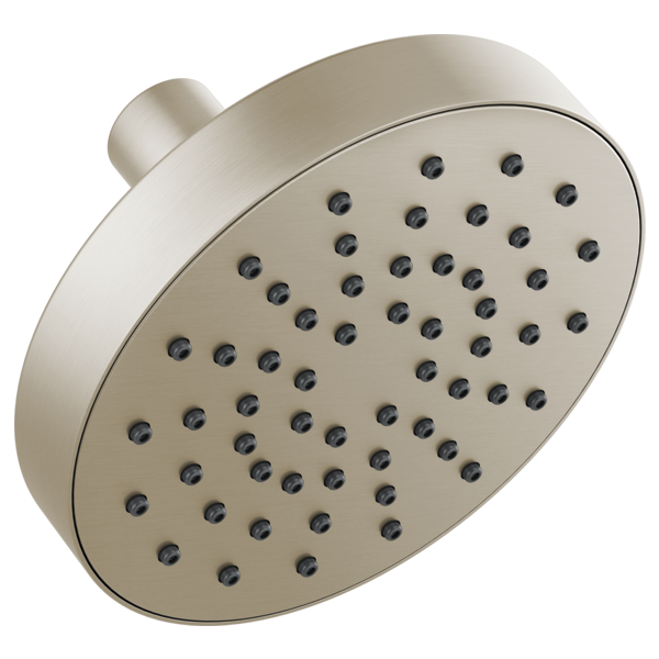 Round brushed nickel shower head with multiple spray holes and curved wall mount arm.