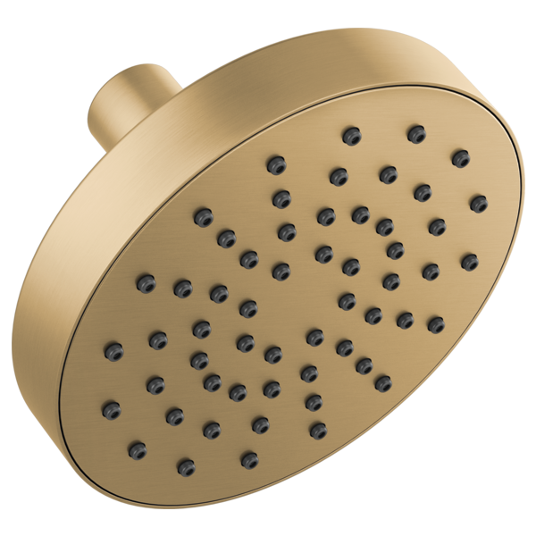 Round wall-mount shower head with multiple spray holes in brushed gold finish and curved arm connector.