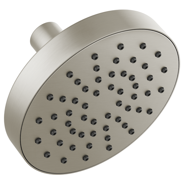 Brushed nickel round shower head with multiple spray jets and wall mount arm.