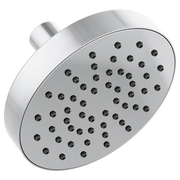 Chrome round shower head with multiple spray holes and curved mounting arm.