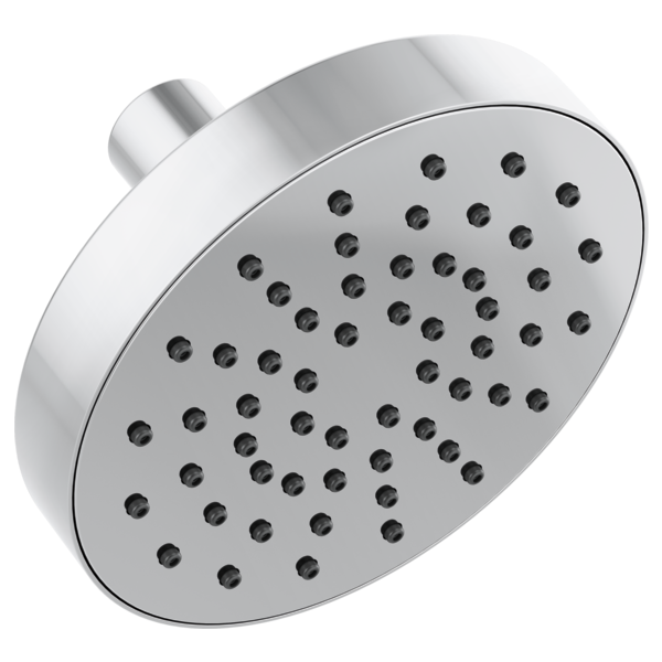 Chrome round shower head with multiple spray holes and curved mounting arm.
