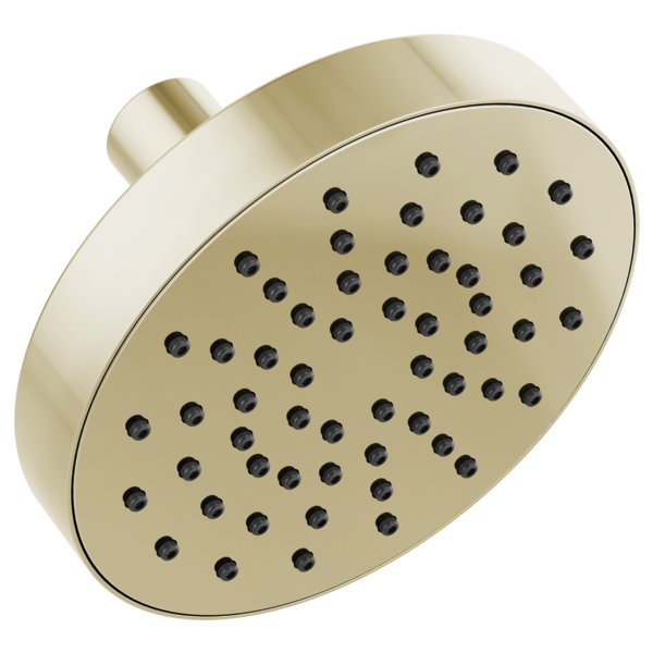 Champagne bronze round wall-mount shower head with multiple spray holes and curved arm connector.