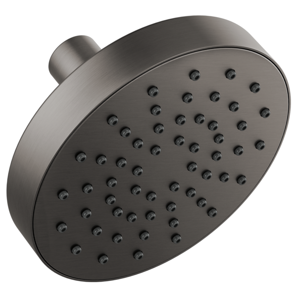 Round dark gray wall-mount shower head with multiple spray holes and curved mounting arm.