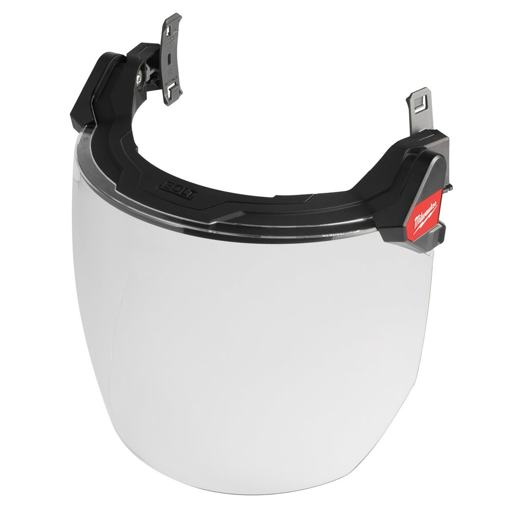 Clear full face shield with black curved mounting bracket and metal attachment clips for hard hats.
