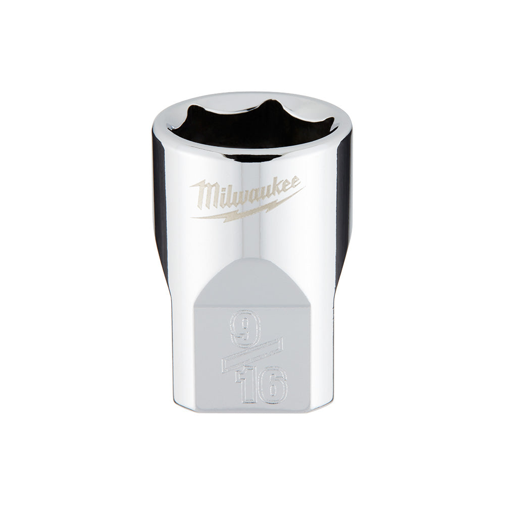 Chrome metal socket with 6-point opening and Milwaukee branding, marked 9/16 on base.