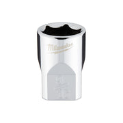 Chrome metal socket with 6-point opening and Milwaukee branding, marked 9/16 on base.
