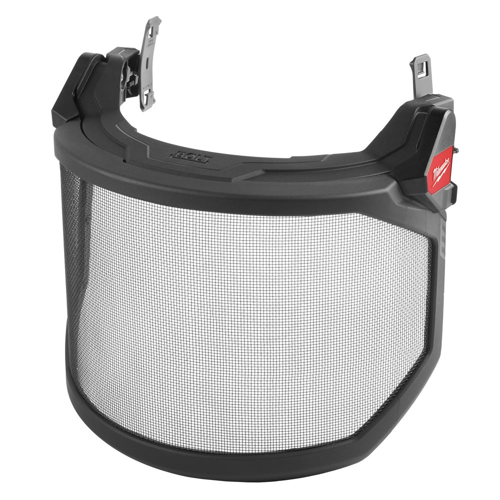 Black full face shield with metal mesh screen and mounting brackets for safety helmets.