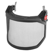 Black full face shield with metal mesh screen and mounting brackets for safety helmets.