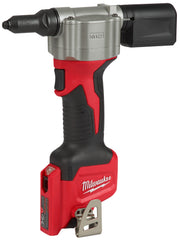 Milwaukee M12 cordless rivet tool with red and black body, silver head, and battery pack base.