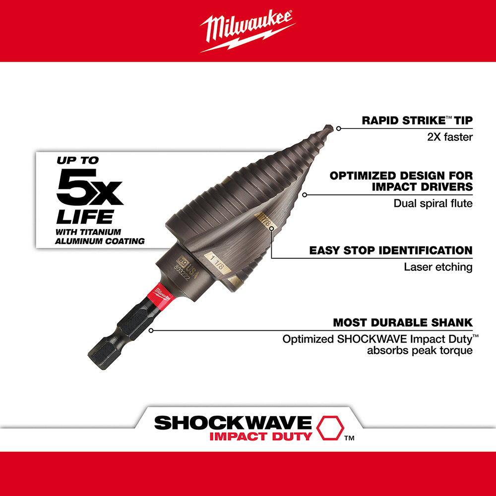Milwaukee Shockwave Impact Duty step bit with dual spiral flute design, pointed tip, and black hex shank on white background.