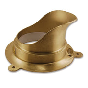 Cast nickel brass nozzle attachment with curved spout and circular escutcheon base with mounting holes.