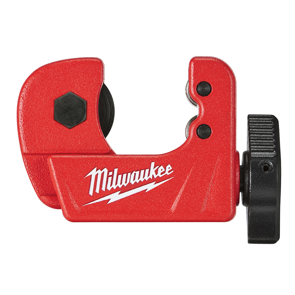 Red and black Milwaukee mini copper tubing cutter with hexagonal cutting wheel and adjustment lever.